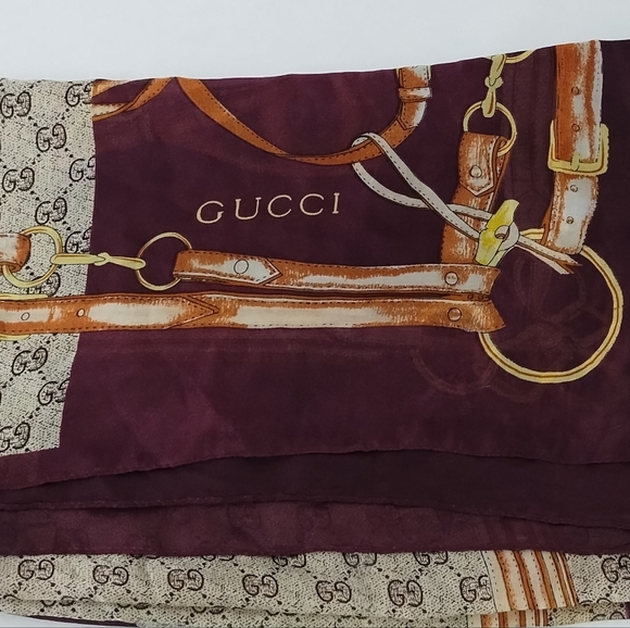 Gucci Silk Luggage Leather Strap & GG Logo Large Wrap Scarf Gray Burgund… - Picture 1 of 14